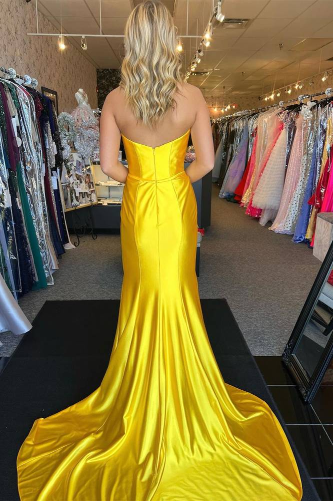 Yellow Strapless Mermaid Long Prom Dress with Bow