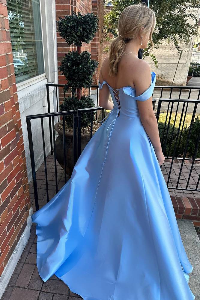 Blue Satin A-Line Prom Dress with Off Shoulder