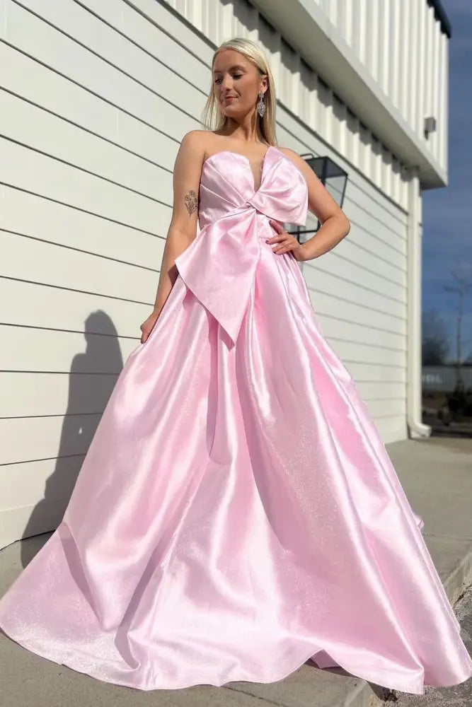 Pink Strapless A-Line Long Prom Dress with Bow