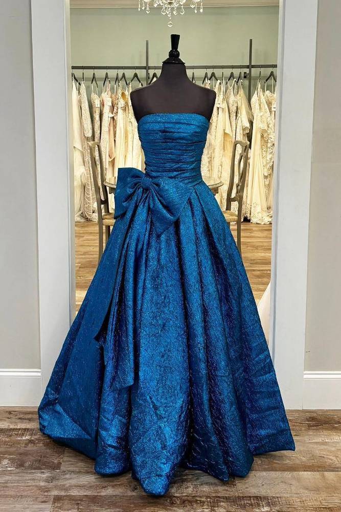 Strapless Royal Blue Long Prom Dress with Bow