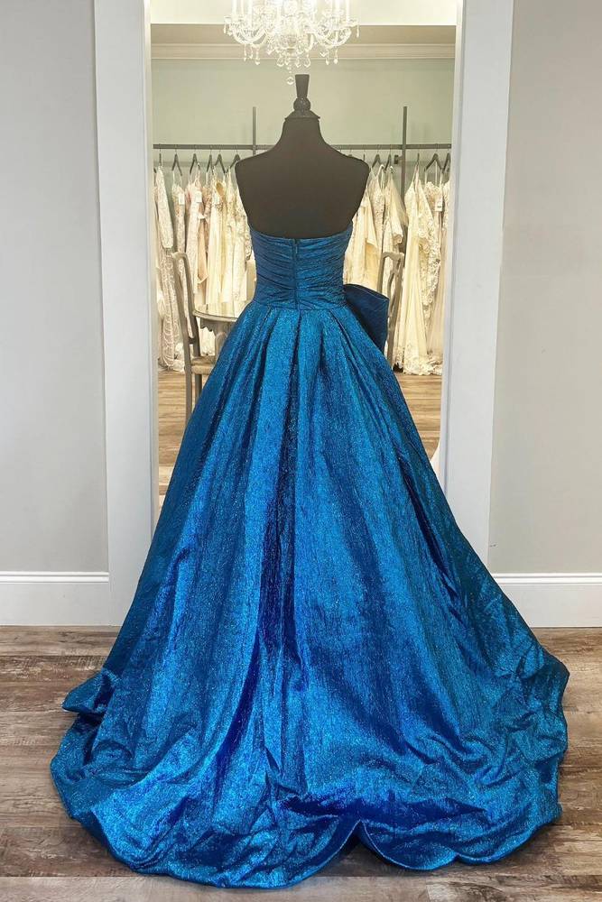 Strapless Royal Blue Long Prom Dress with Bow