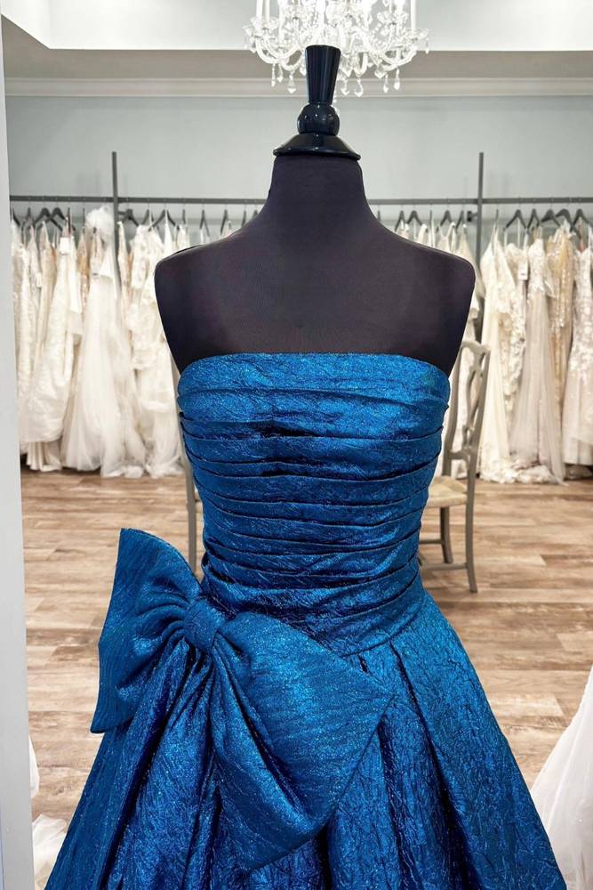 Strapless Royal Blue Long Prom Dress with Bow