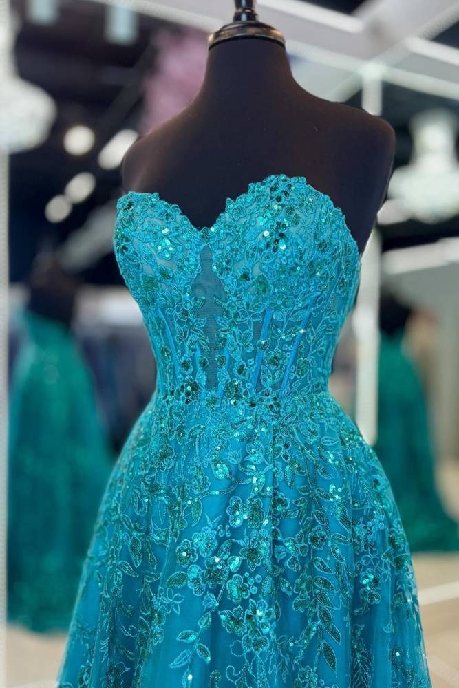 Strapless Blue Applique A-Line Prom Dress