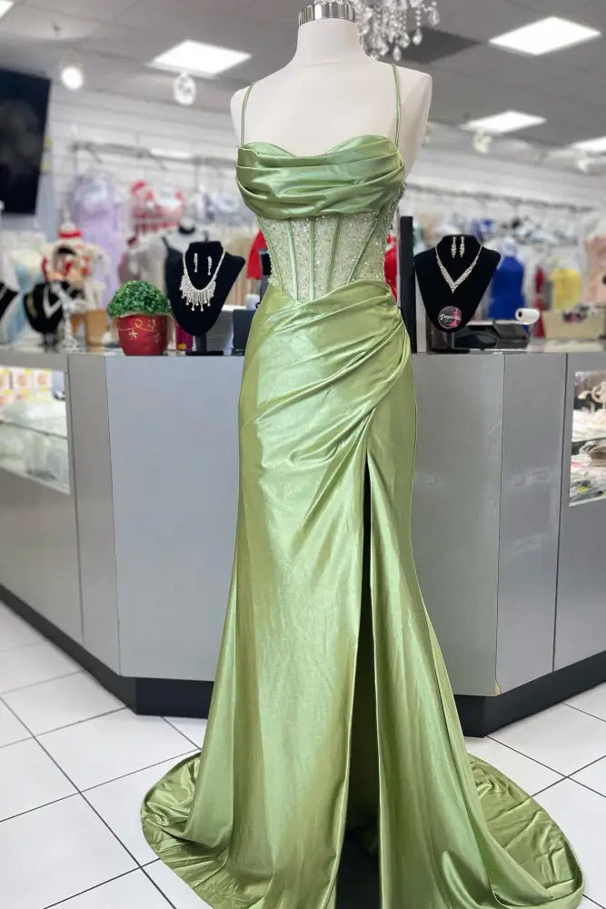 Sage Scoop Neck Satin Mermaid Prom Dress with Slit