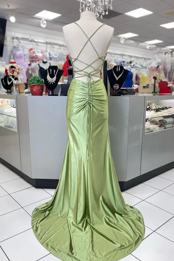 Sage Scoop Neck Satin Mermaid Prom Dress with Slit