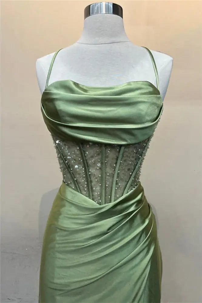 Sage Scoop Neck Satin Mermaid Prom Dress with Slit