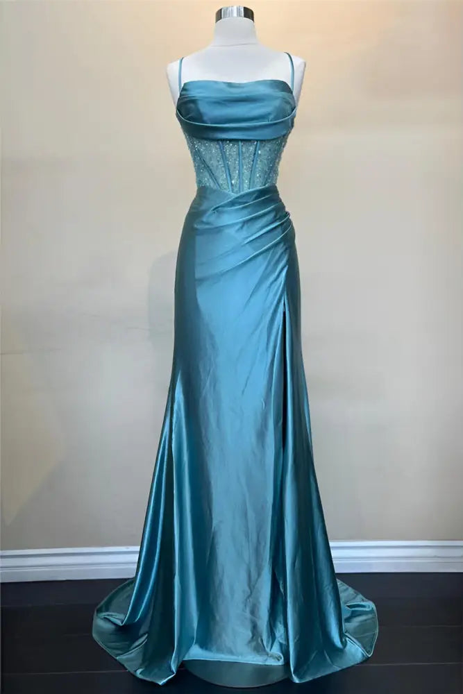 Sage Scoop Neck Satin Mermaid Prom Dress with Slit