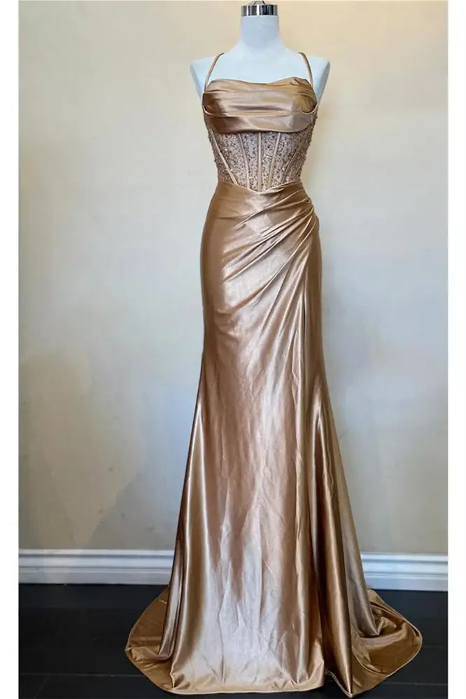 Sage Scoop Neck Satin Mermaid Prom Dress with Slit