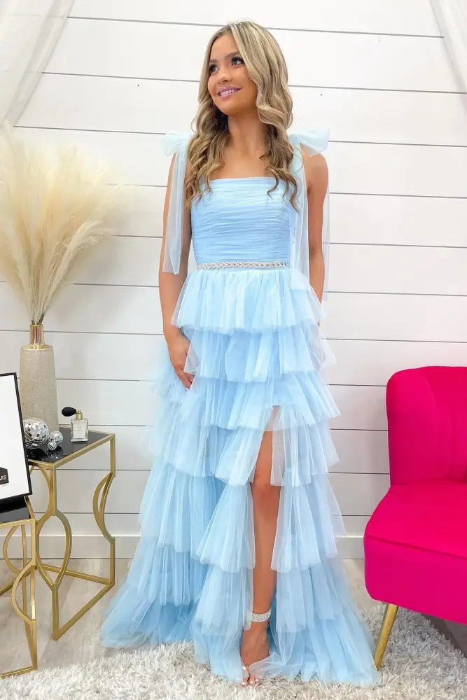 Light Blue Pleated Ruffle Prom Dress with Bow Tie Straps