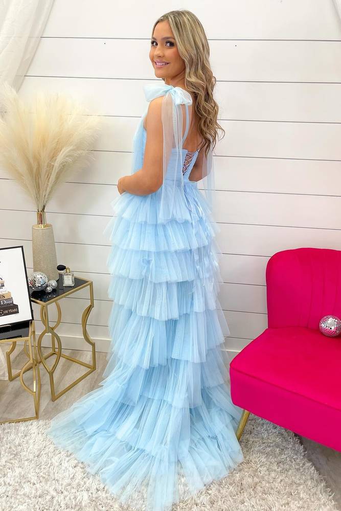 Light Blue Pleated Ruffle Prom Dress with Bow Tie Straps