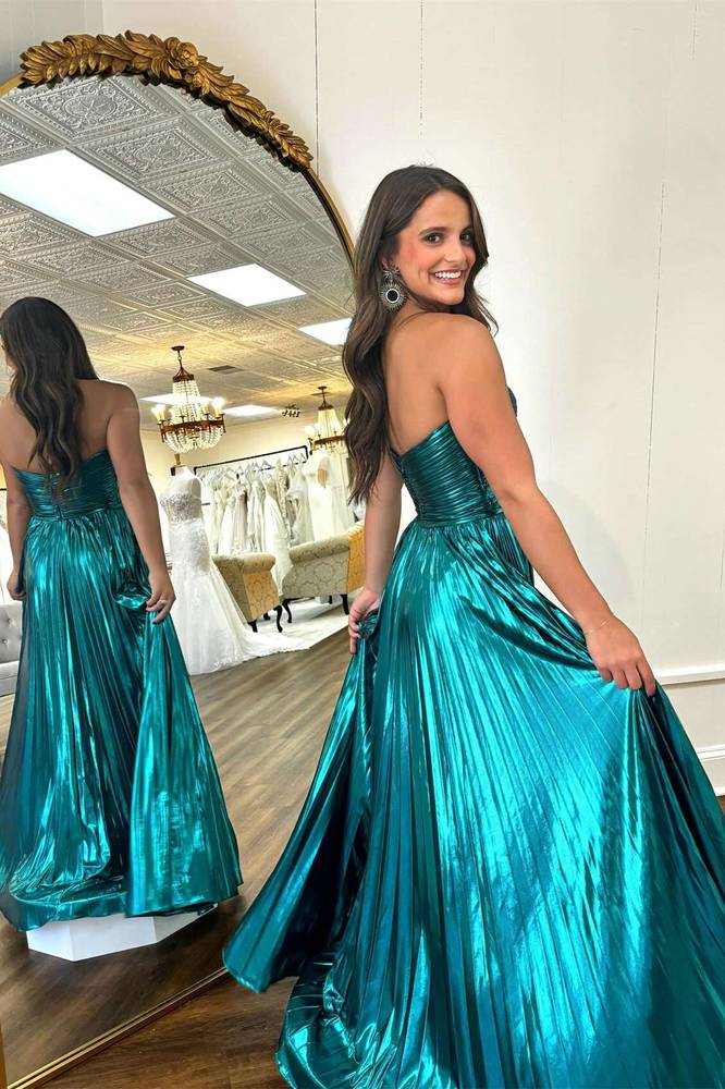 Strapless Metallic Keyhole Pleated Prom Dress with Slit