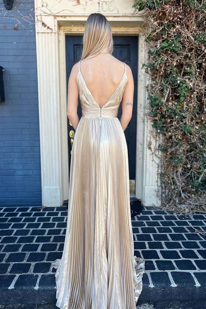 Champagne V-Neck Metallic Pleated A-line Prom Dress