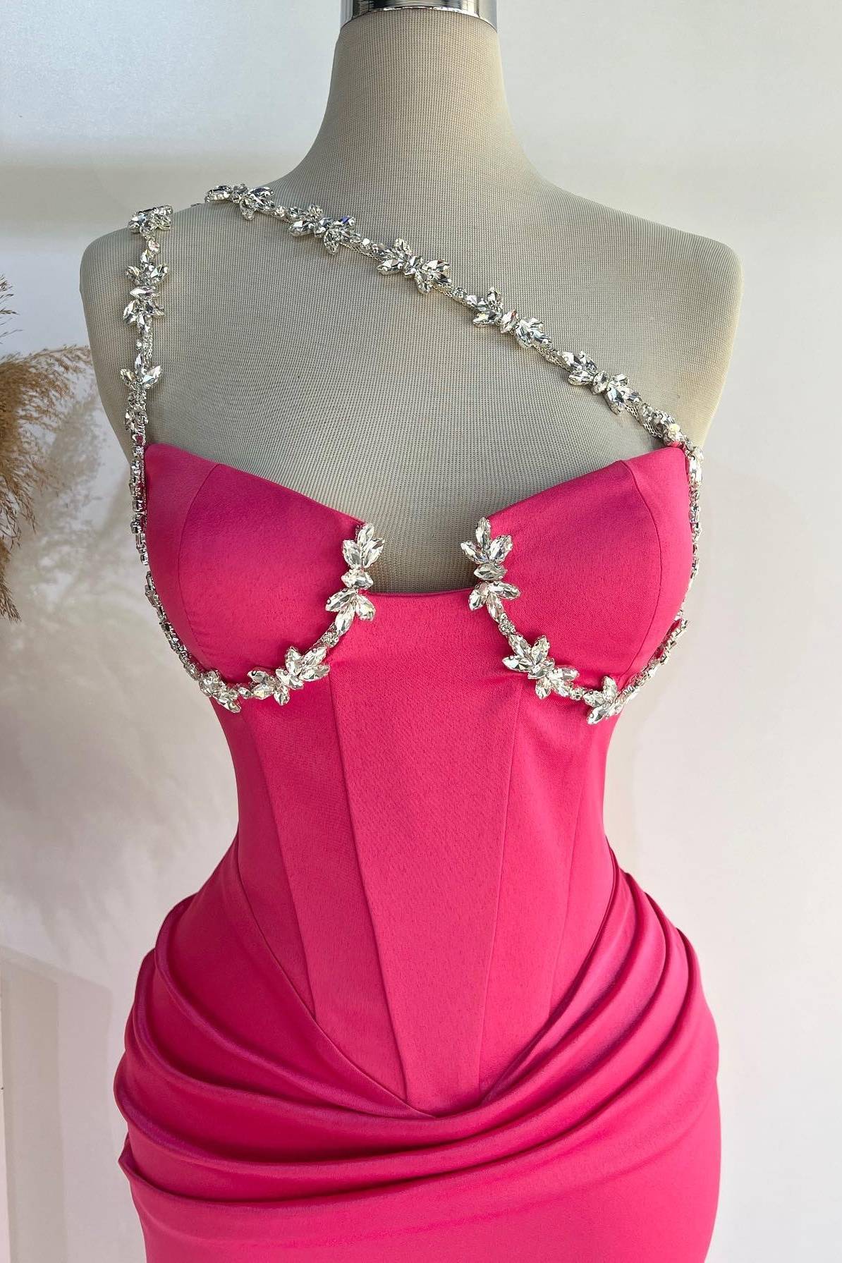 Hot Pink Rhinestones Pleated Tight Prom Dress with One Shoulder