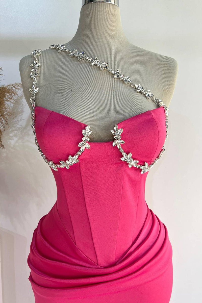 Hot Pink Rhinestones Pleated Tight Prom Dress with One Shoulder