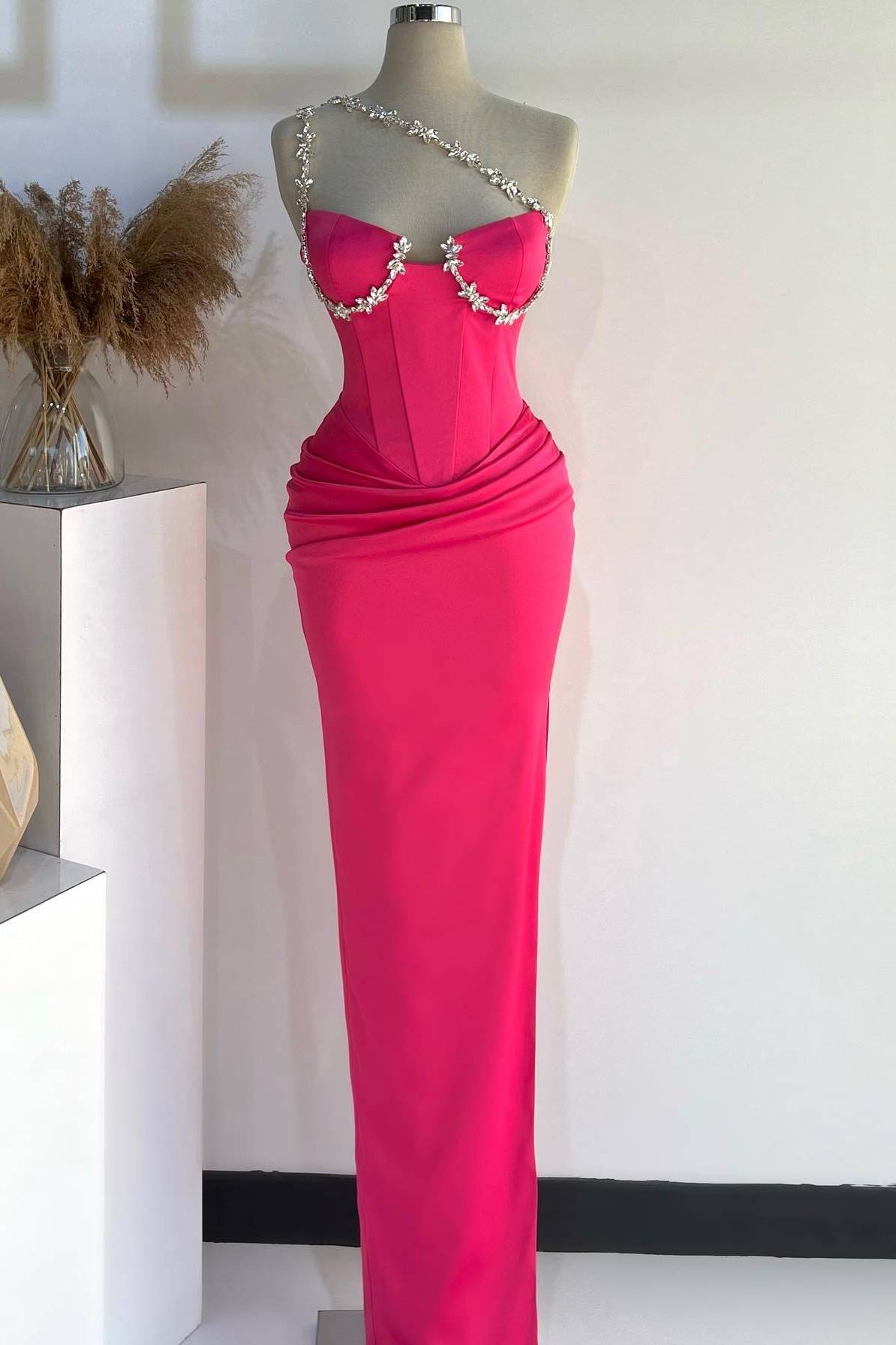 Hot Pink Rhinestones Pleated Tight Prom Dress with One Shoulder