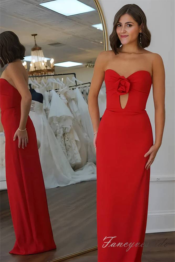 Strapless Red Keykol Satin Long Prom Dress with Floral