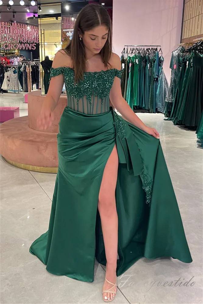 Green Applique Pleated Slit Mermaid Prom Dress with Off Shoulder