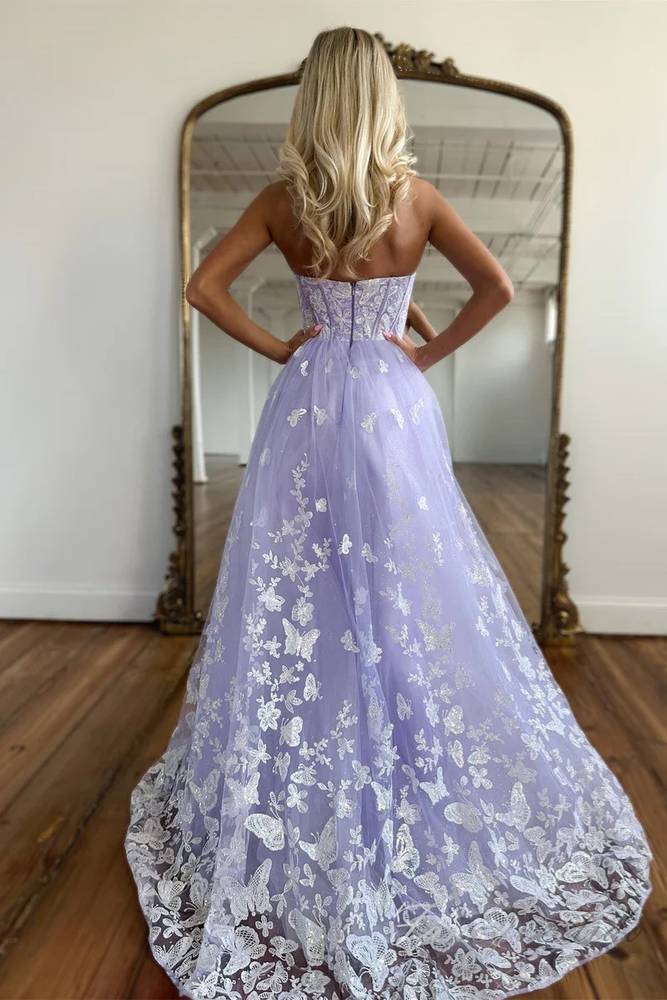 Sweetheart Lavender Applique A-Line Prom Dress with Butterfly