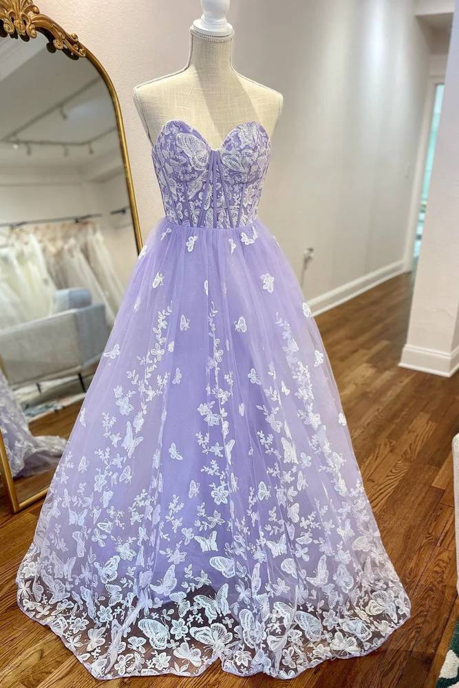 Sweetheart Lavender Applique A-Line Prom Dress with Butterfly