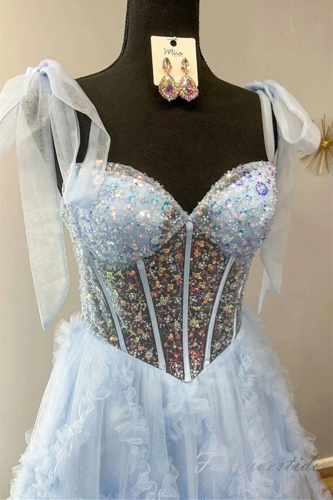 Light Blue Sequin Layered A-Line Prom Dress with Bow Tie Straps