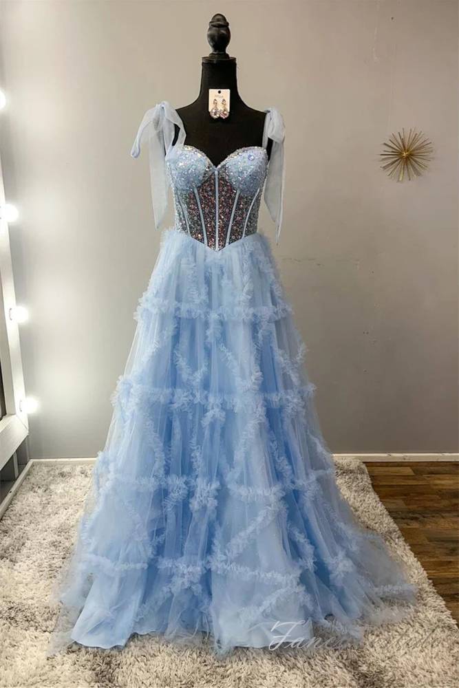 Light Blue Sequin Layered A-Line Prom Dress with Bow Tie Straps