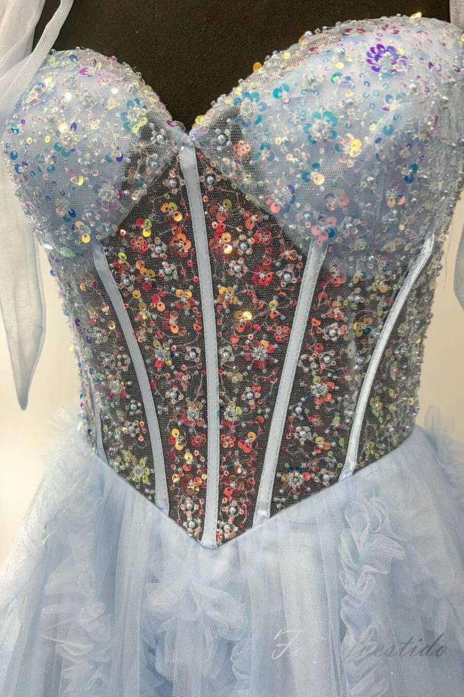 Light Blue Sequin Layered A-Line Prom Dress with Bow Tie Straps