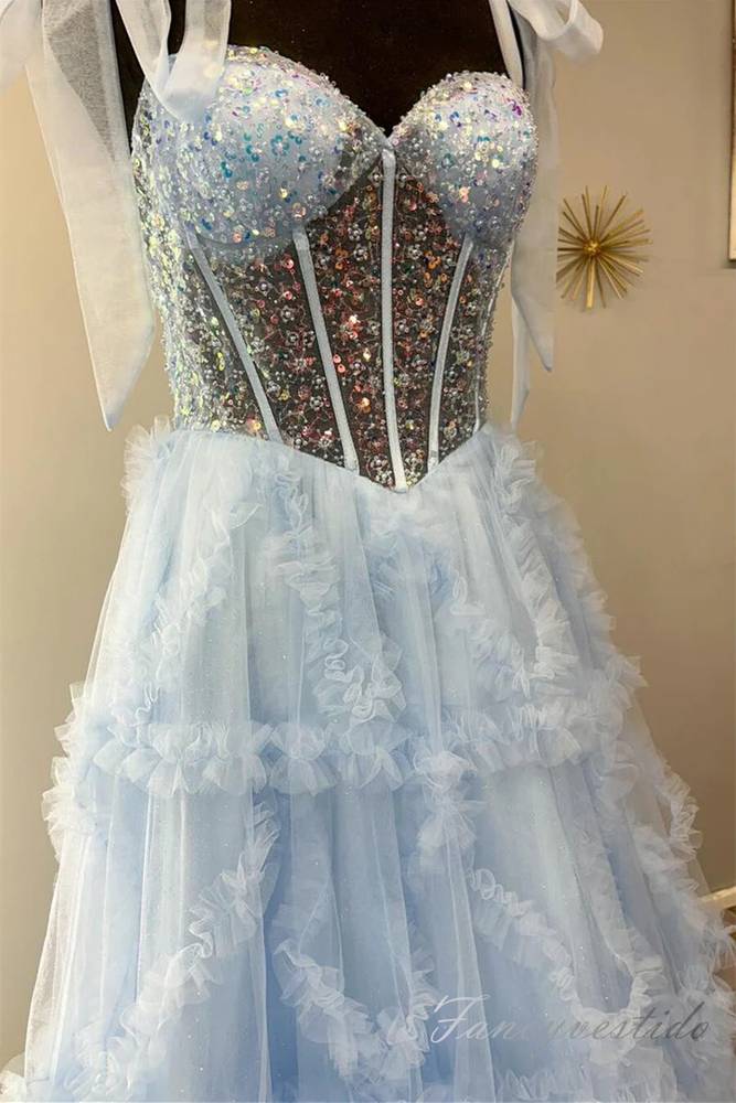 Light Blue Sequin Layered A-Line Prom Dress with Bow Tie Straps