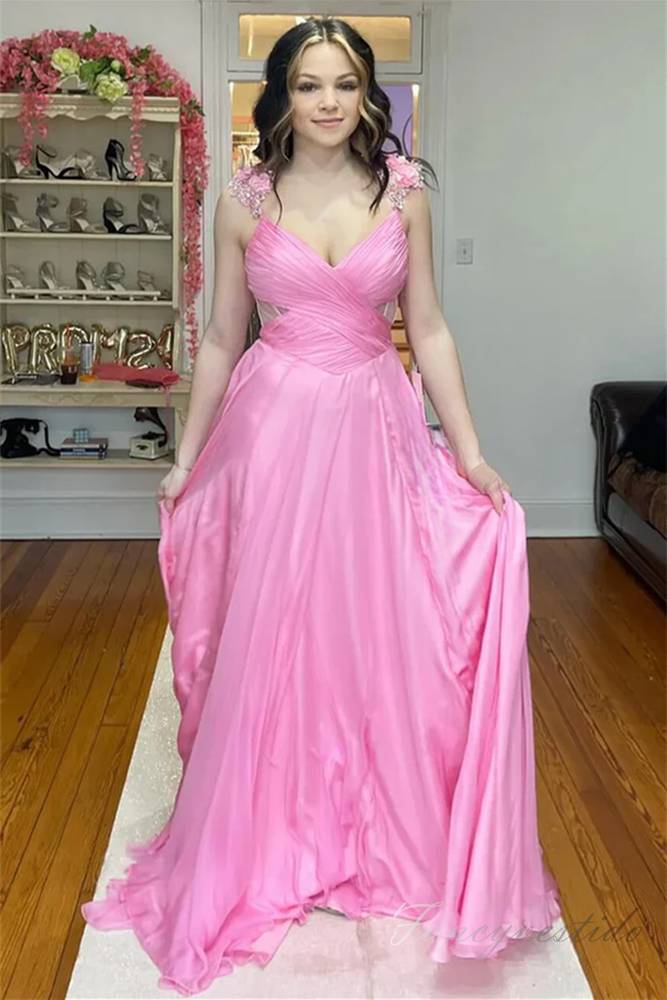 Straps Pink Pleated Chiffon A-Line Long Prom Dress