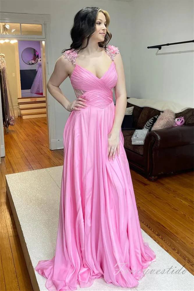 Straps Pink Pleated Chiffon A-Line Long Prom Dress