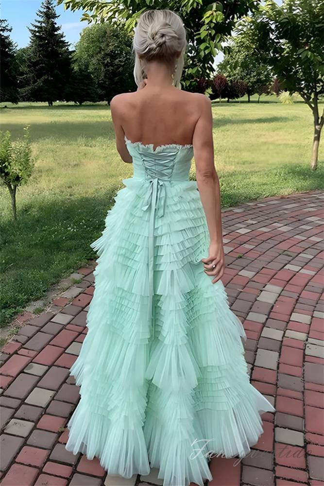 Strapless Mint Green Tulle Tiered A-Line Prom Dress