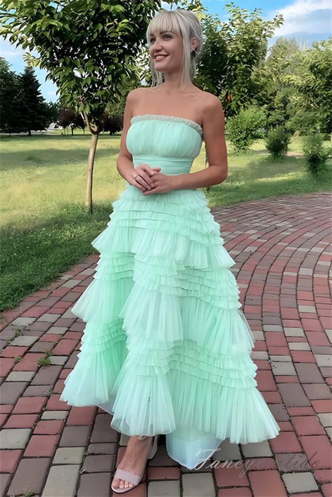 Strapless Mint Green Tulle Tiered A-Line Prom Dress