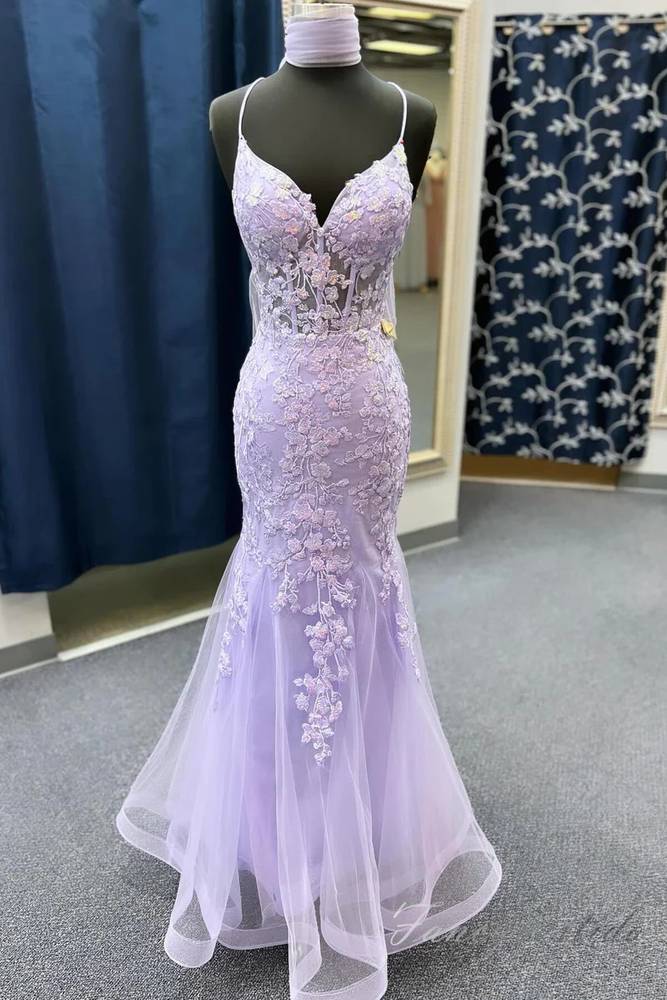 Lavender Applique Mermaid Prom Dress with Lace-up Back