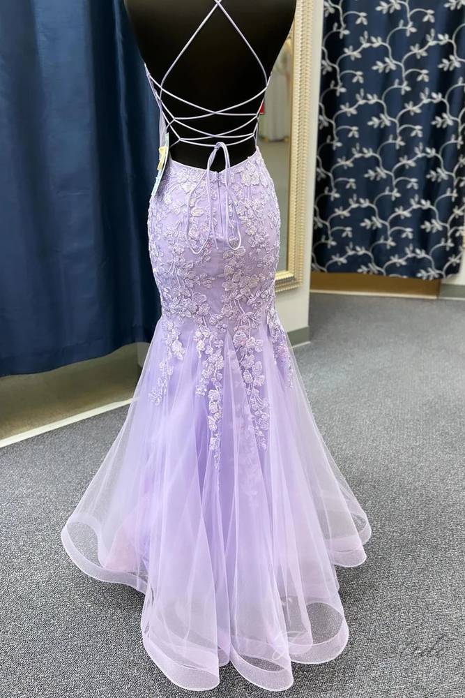 Lavender Applique Mermaid Prom Dress with Lace-up Back