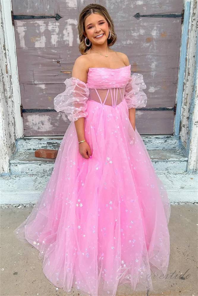 Pink Strapless A-Line Long Prom Dress with Detachable sleeves