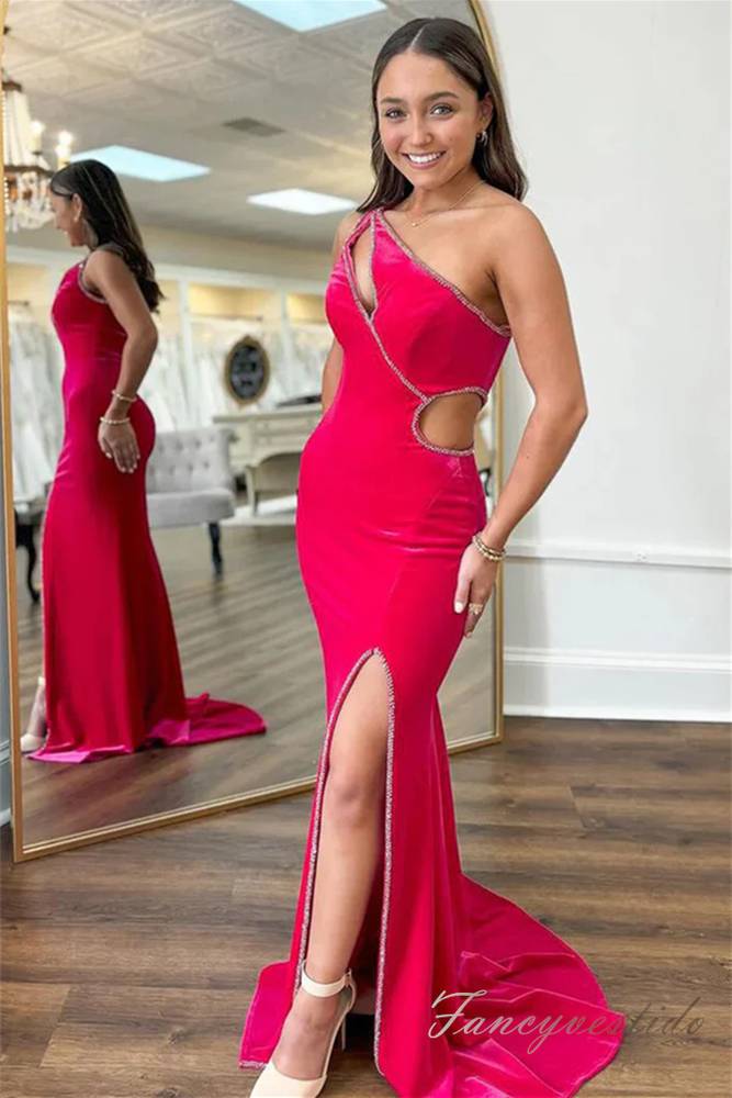 Hot Pink Beaded Velvet Mermaid Slit Prom Dress with One Shoulder