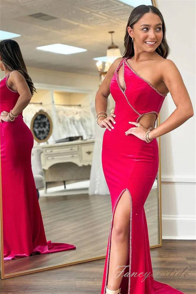 Hot Pink Beaded Velvet Mermaid Slit Prom Dress with One Shoulder