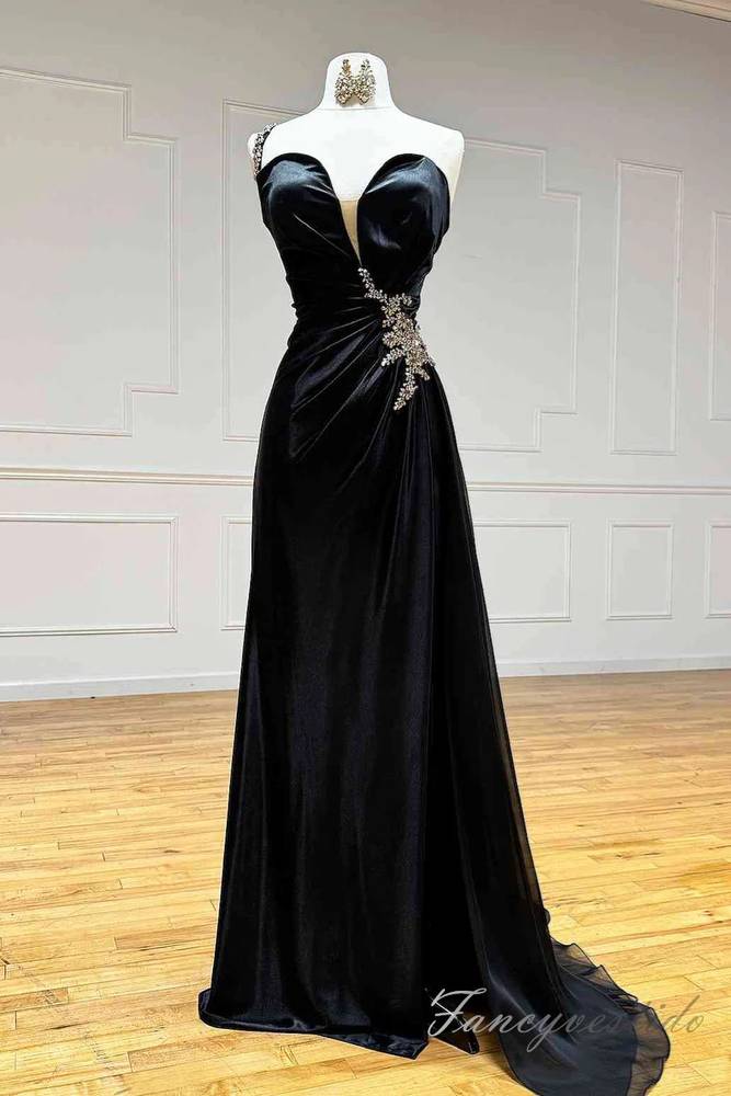 Black Sweetheart Plaeted Velvet Long Prom Dress with One Shoulder 