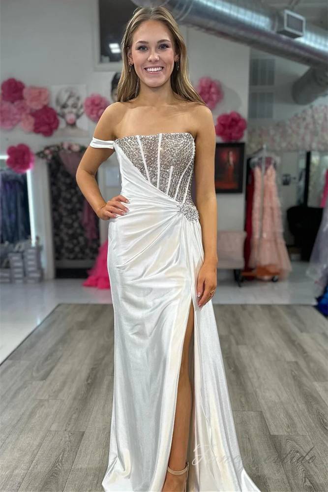 White Beaded Pleated Mermaid Slit Prom Dress with One Shoulder