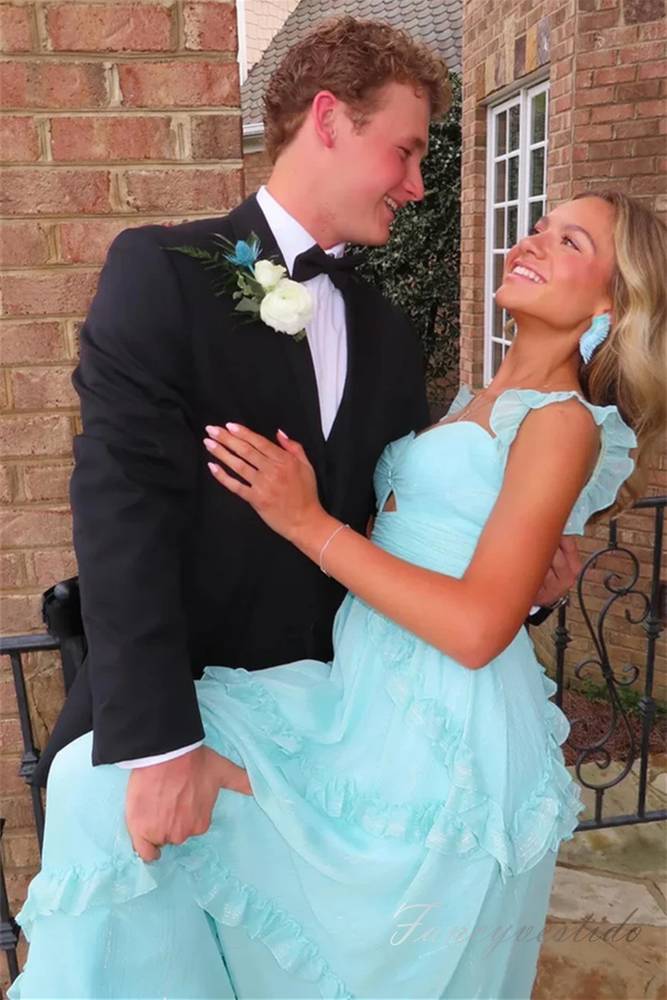 Straps Sky Blue Keyhole Ruffle Long Prom Dress