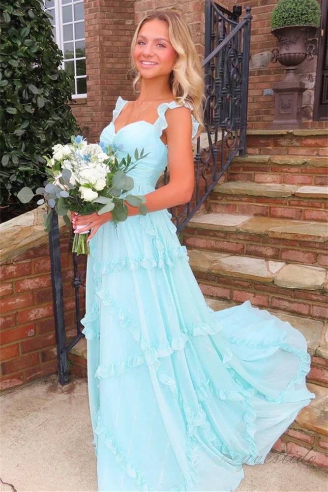 Straps Sky Blue Keyhole Ruffle Long Prom Dress