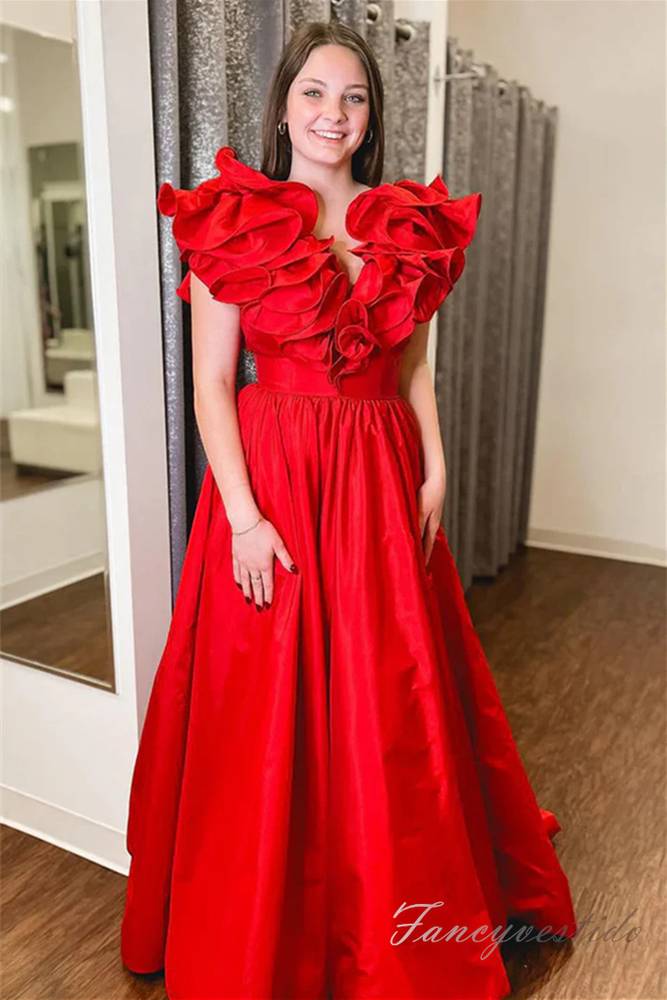 Red Plunging Neck A-Line Satin Prom Dress with Ruffle Neck