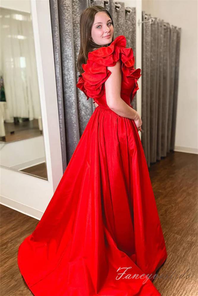 Red Plunging Neck A-Line Satin Prom Dress with Ruffle Neck