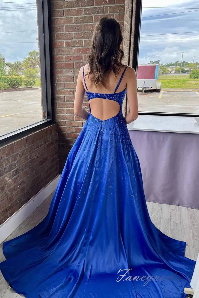 Spaghetti Straps Royal Blue Beaded Satin Prom Dress