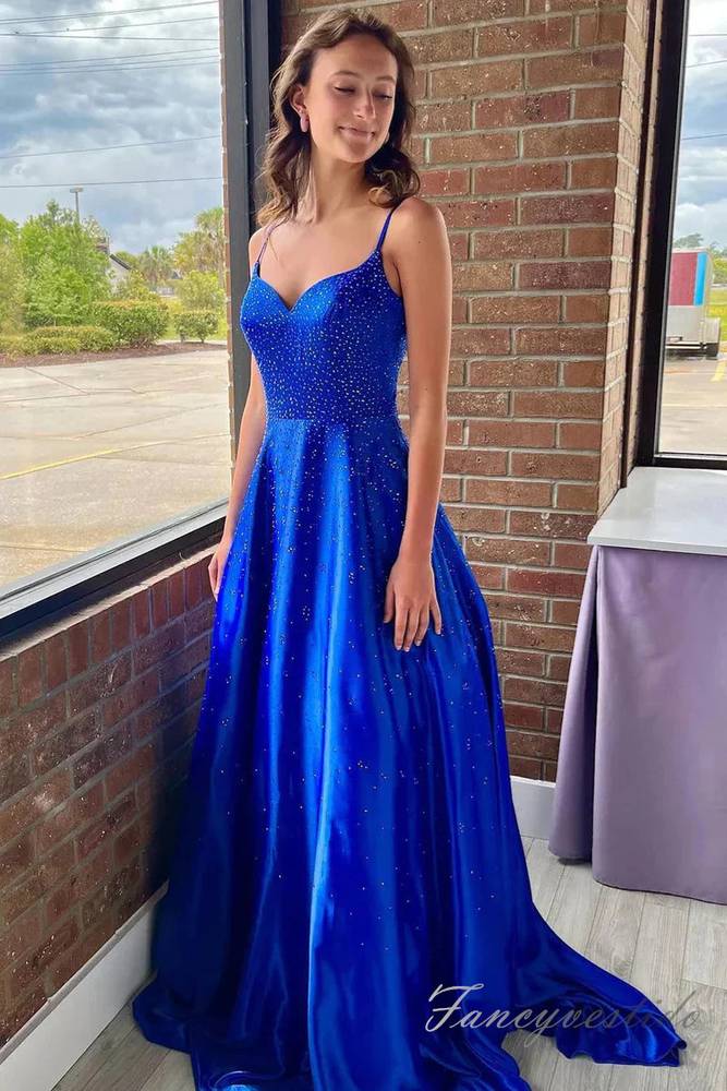 Spaghetti Straps Royal Blue Beaded Satin Prom Dress