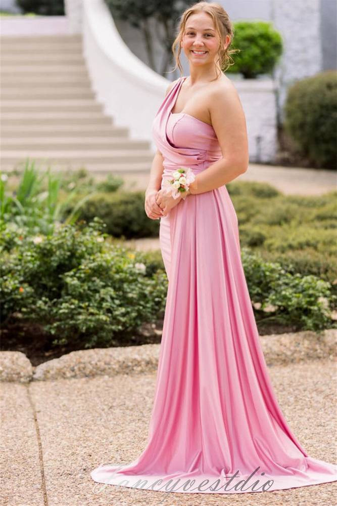 Asymmetrical One Shoulder Pleated Prom Dress with Train