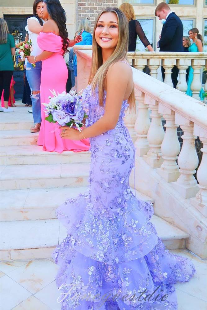 Straps Lavender V-Neck Layered Mermaid Prom Dress with 3D Floral