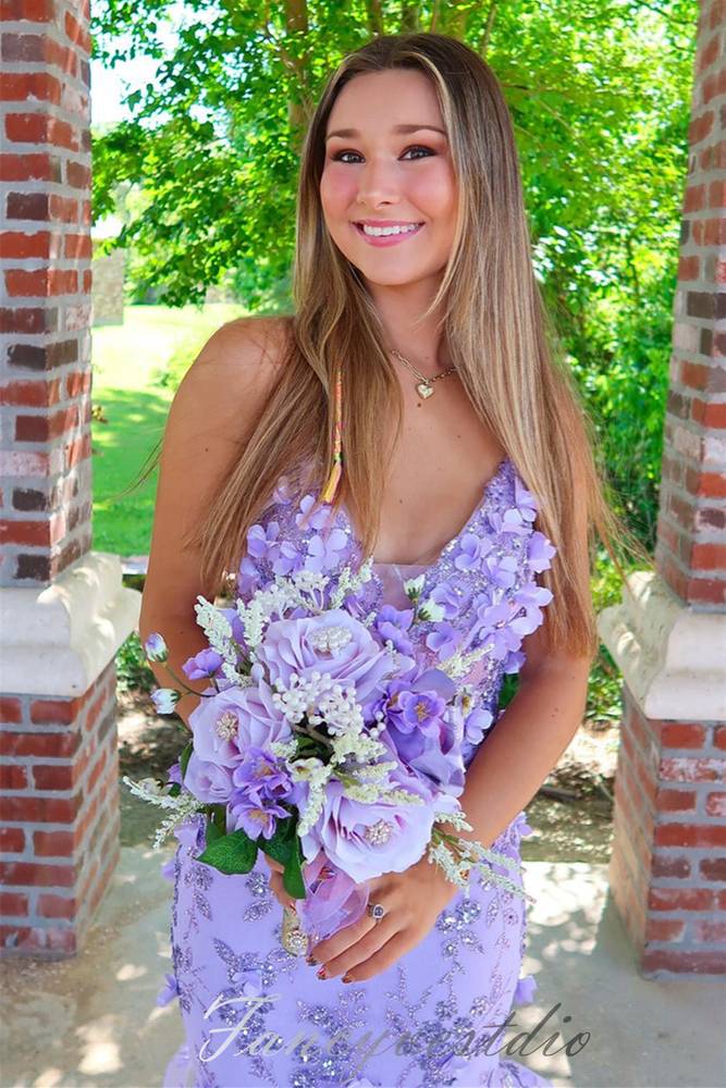 Straps Lavender V-Neck Layered Mermaid Prom Dress with 3D Floral