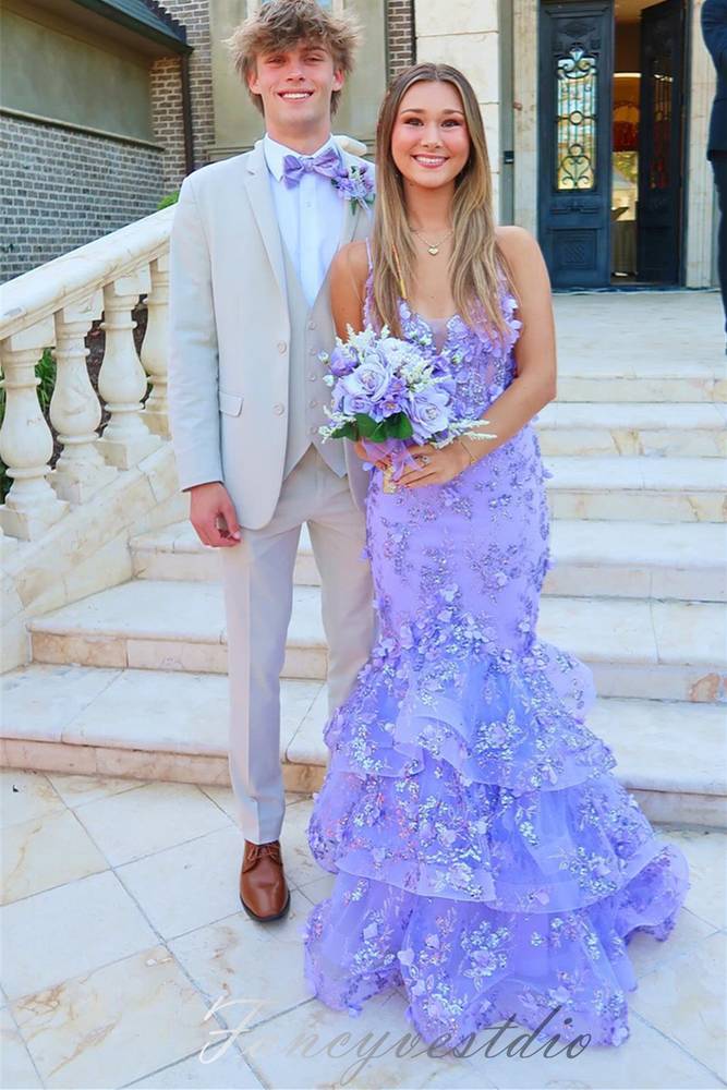 Straps Lavender V-Neck Layered Mermaid Prom Dress with 3D Floral