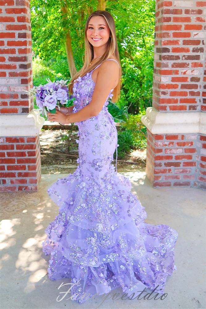 Straps Lavender V-Neck Layered Mermaid Prom Dress with 3D Floral