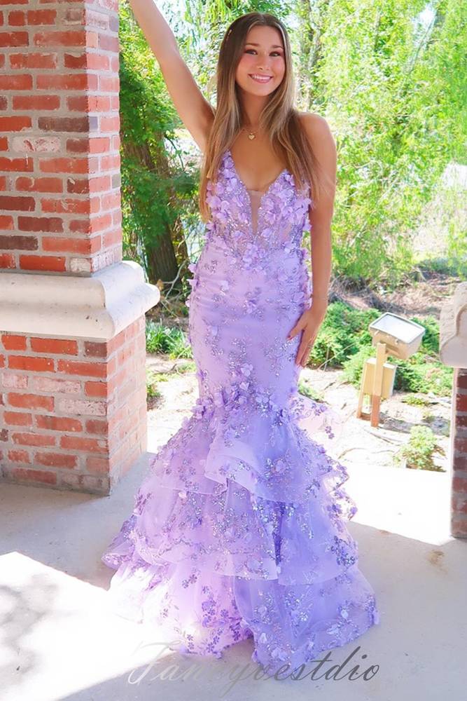 Straps Lavender V-Neck Layered Mermaid Prom Dress with 3D Floral